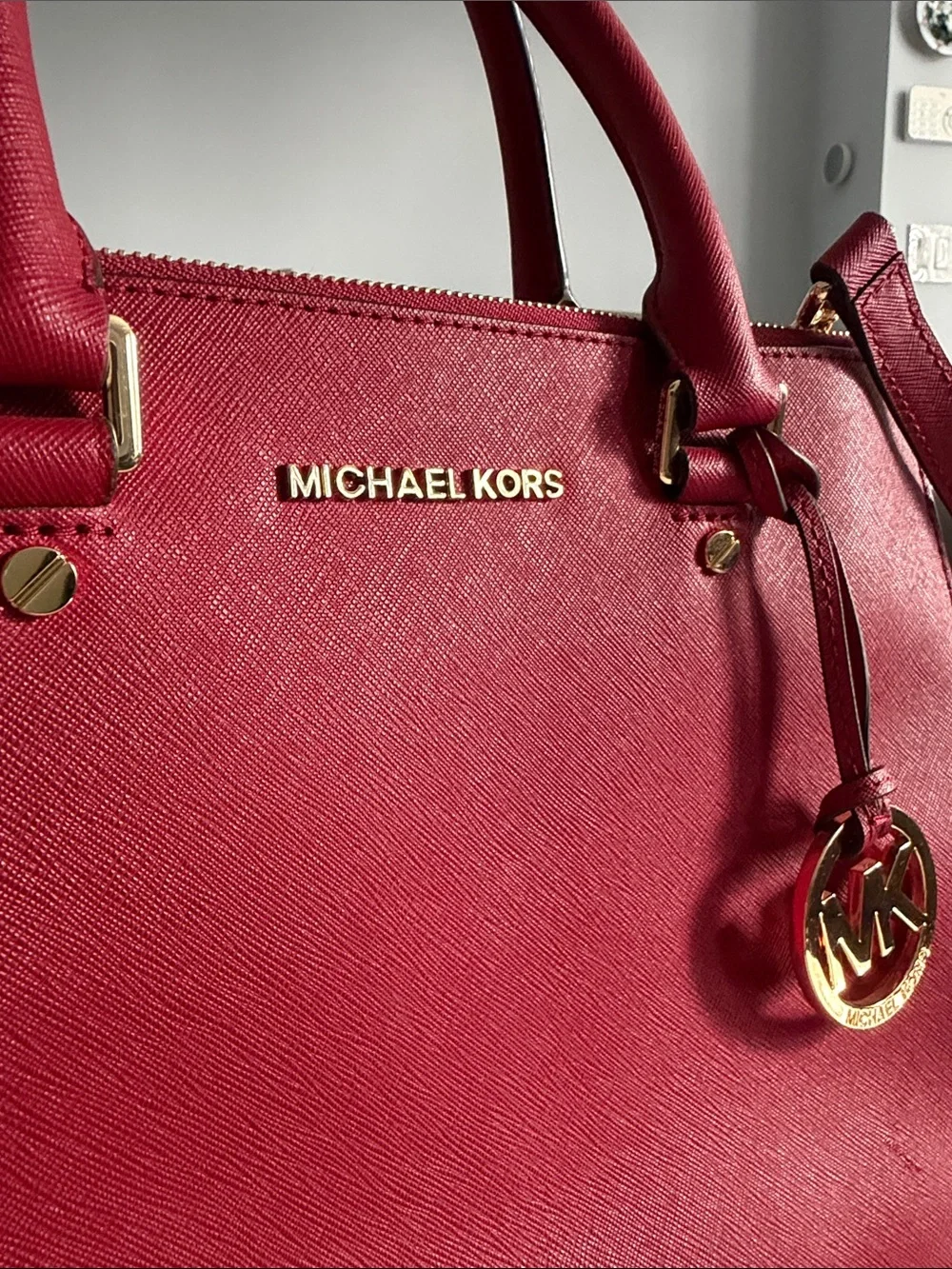 Michael Kors Cherry Red Saffiano Satchel with Gold Hardware